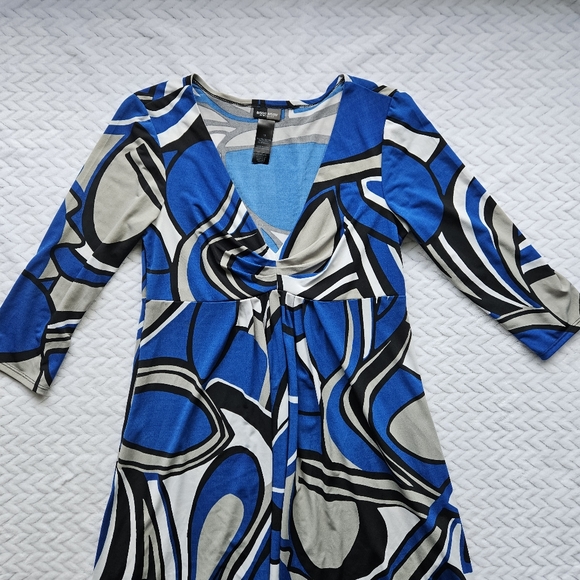 Bisou Bisou Blue Geometric Print Stretchy Dress Size 10 - Picture 2 of 10